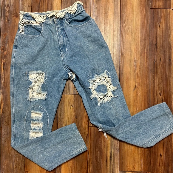 Vintage 90s Zip Code High Waist Lace Patchwork Jeans Size 9/10 Boho Chic - Picture 14 of 16